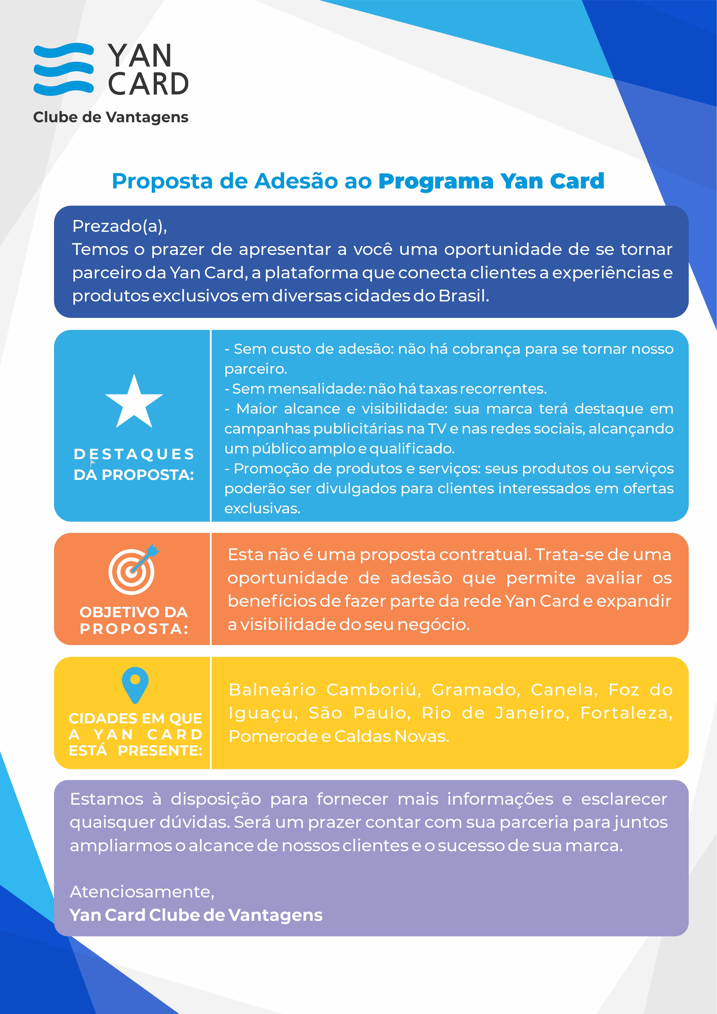 Proposta de Adesão ao Clube de Vantagens Yan Card - Parceiros